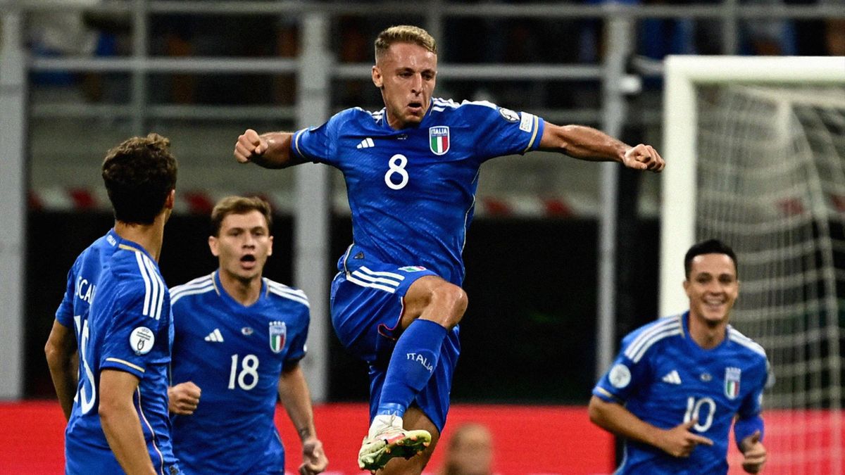 شادی گل بازیکنان ایتالیا مقابل اوکراین در مقدماتی یورو 2024